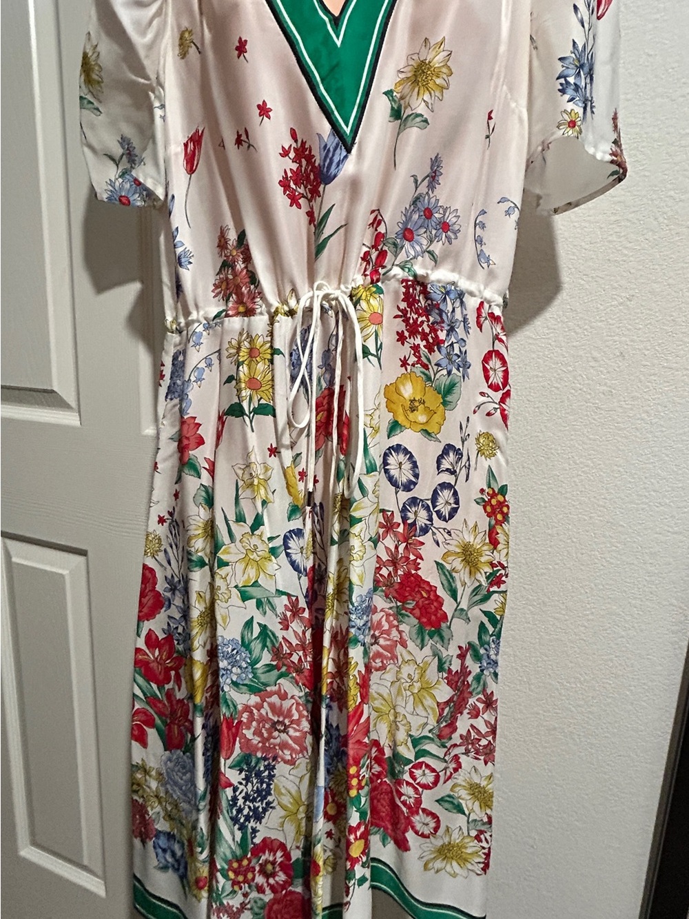 CLAUDIE PIERLOT Paris Floral Stripe V-Neck Midi Dress White Green Size FR 40 US